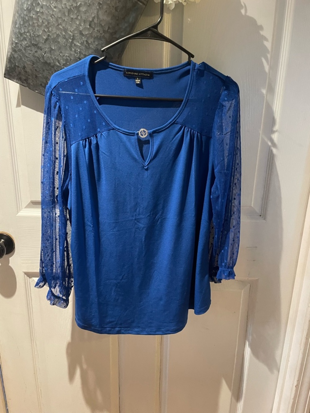 Adrienne Vittadini Cobalt Blue Dot Mesh Sleeve Keyhole Top
